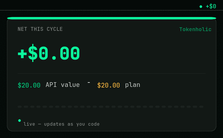 Tokenholic menubar popover: net earnings ticking up to +$371.40 with a daily API-value sparkline filling in, live as a coding session runs.